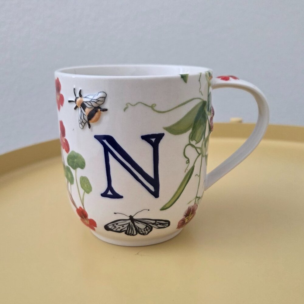 Anthropologie Monarch Monogram "N" Initial Mug Bees Colorful Floral Coffee Tea